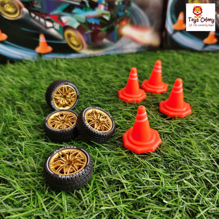 Spray Drift Stunt Car with Traffic Cones & Extra Wheels