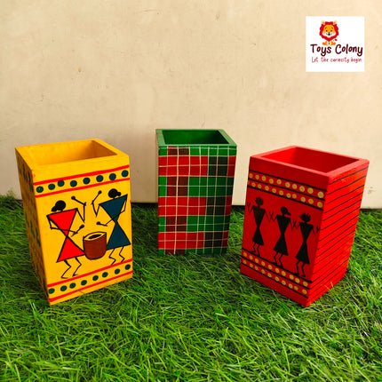 Wooden Square Penstand with colorful Art