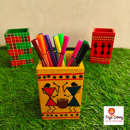 Wooden Square Penstand with colorful Art